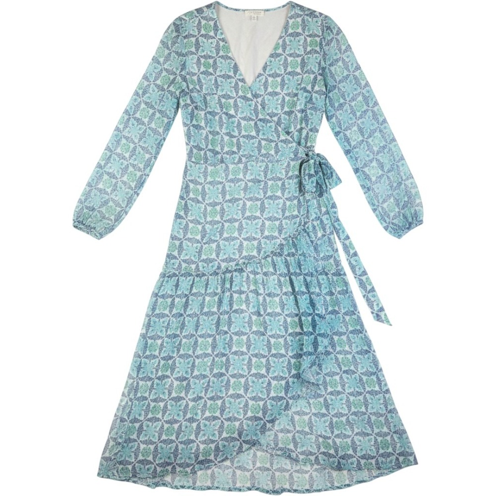 Lovestitch Teal Blue Geometric Floral Print Wrap Maxi Dress Long Sleeve L Sheer - Picture 4 of 16